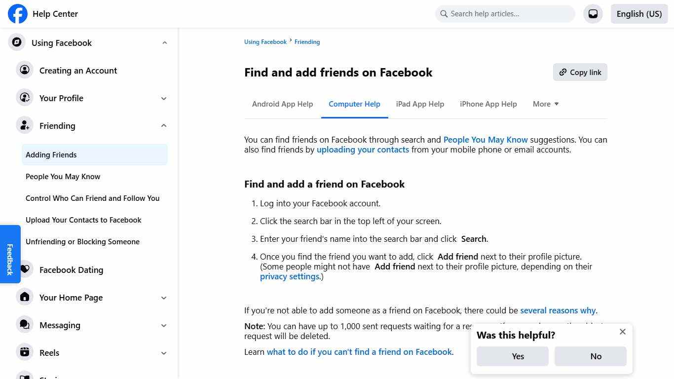 Find and add friends on Facebook | Facebook Help Center