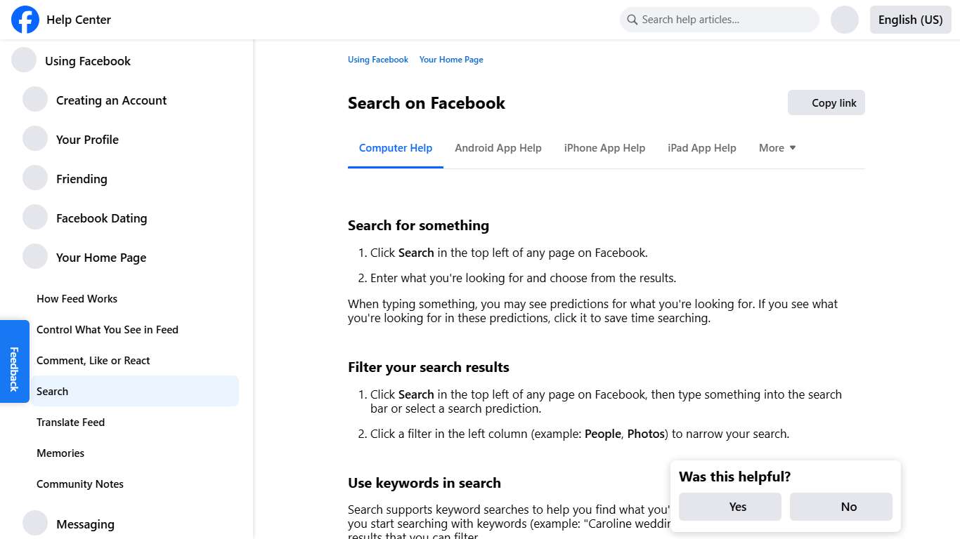 Search on Facebook | Facebook Help Center
