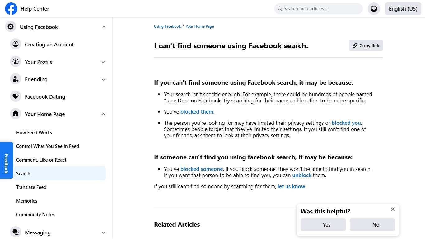 I can't find someone using Facebook search. | Facebook Help Center